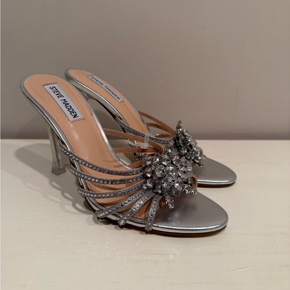 Steve Madden Women's Pamola Silver Rhinestone Embellished Heels - Picture 2 of 10